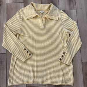 J. Jill Yellow White Stripe Soft Cotton Split Collar Top L Relaxed Coastal Chic